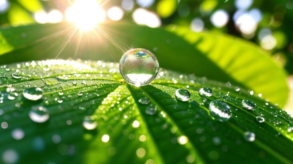 water drops sparkle in sun on leaf