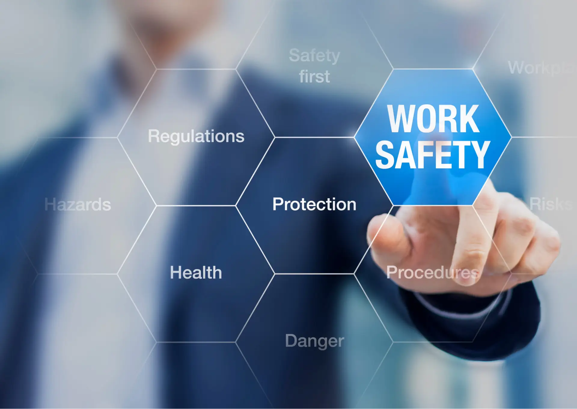 A holographic graphic displaying various work safety protocols and guidelines, illustrating their importance in ensuring a secure and protected work environment for employees.