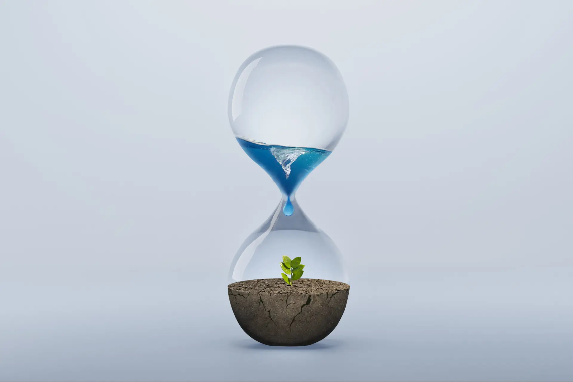 An hourglass trickling down water of a green plant, symbolizing the passage of time and the nurturing care required for plant growth and vitality.