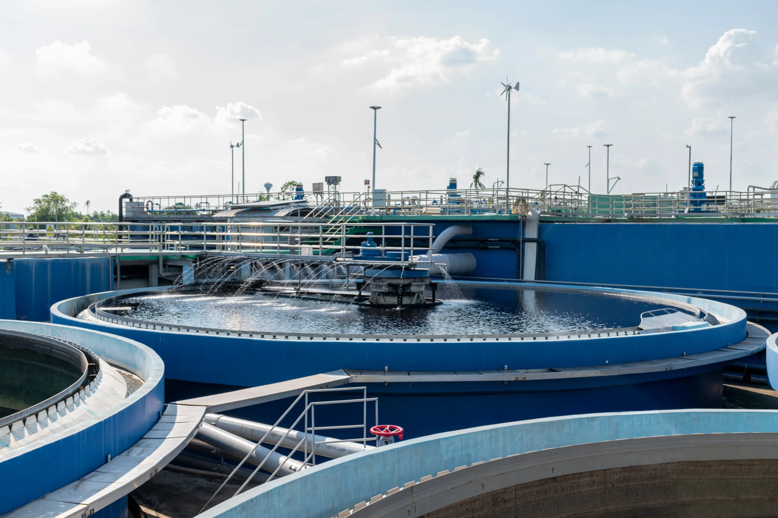 a water treatment plant with some catwalks above it