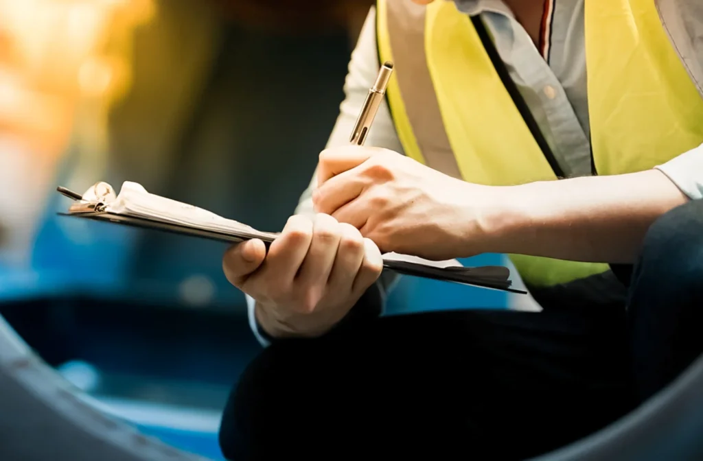 person writing something down on a clipboard in a water treatment plant