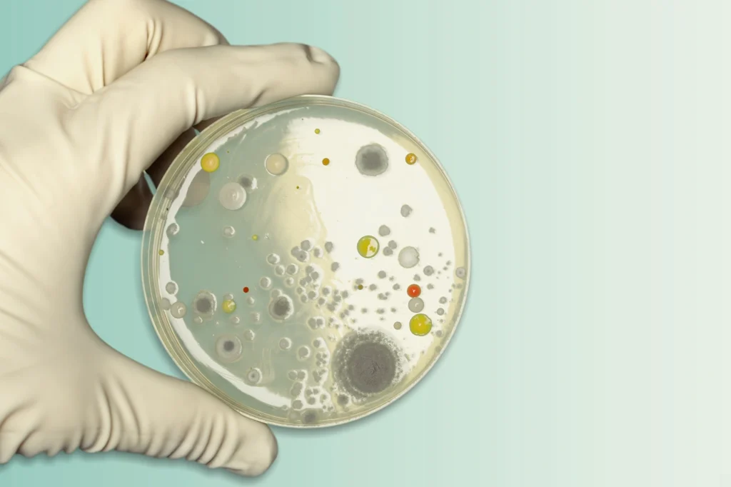 person in gloves looking at a petri dish