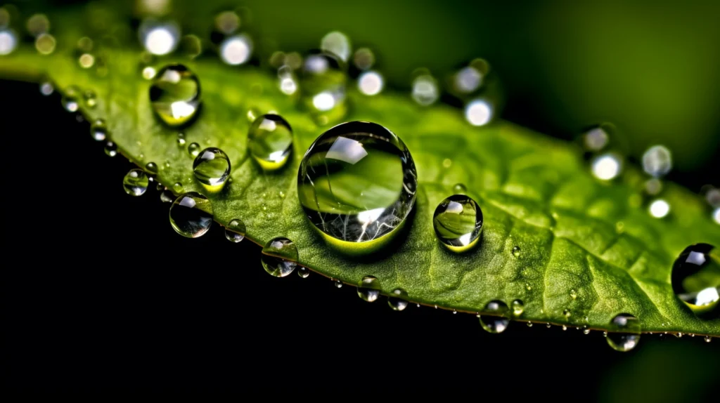 a leaf with some dew on it