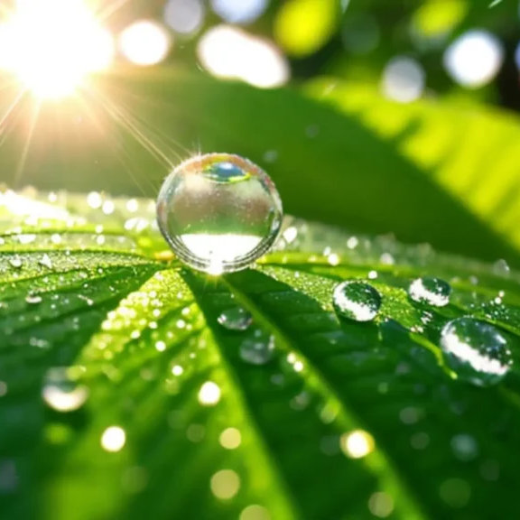 a plant with dew scattered all over it with light coming from the sun