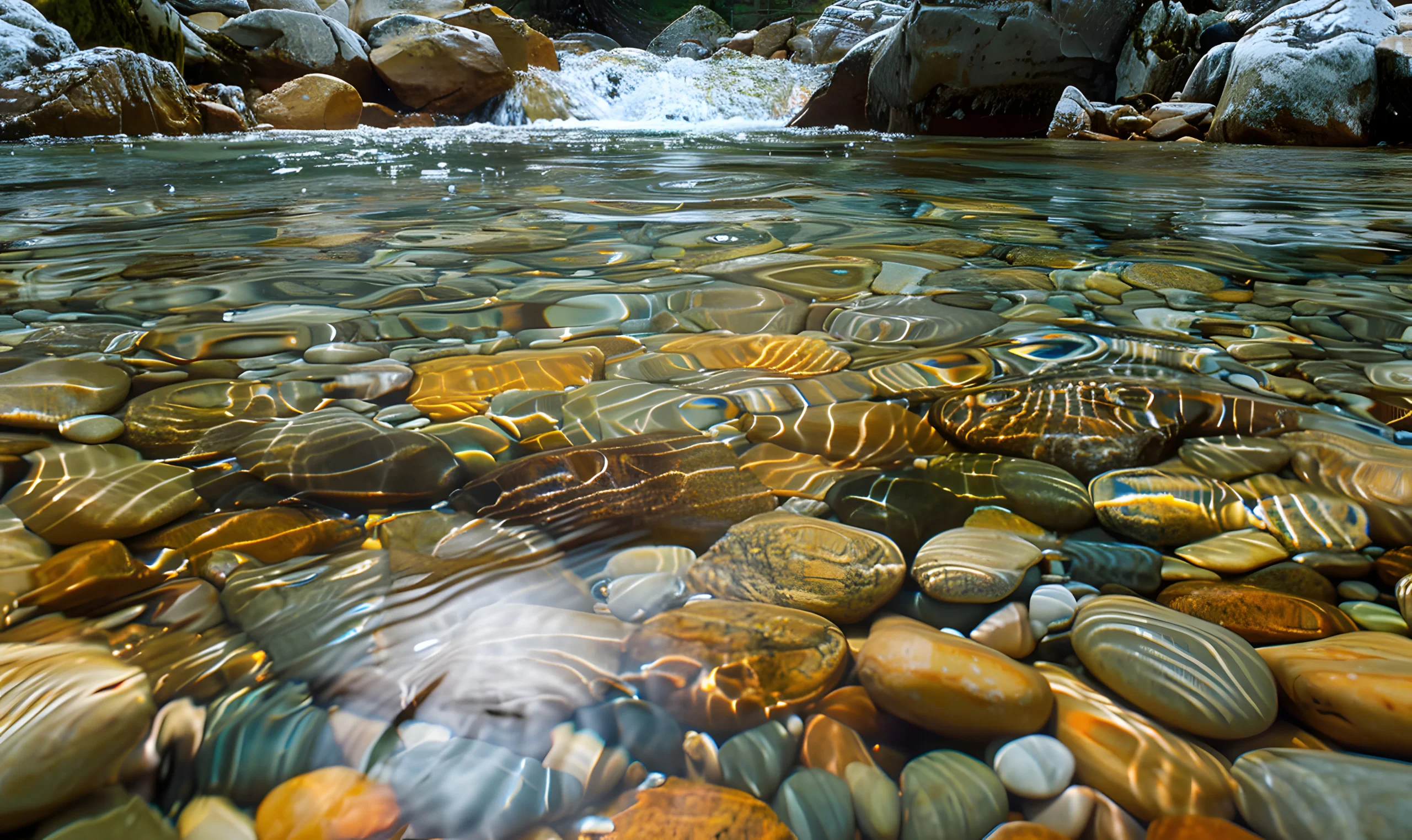 a bunch of rocks in a shallow pool of water