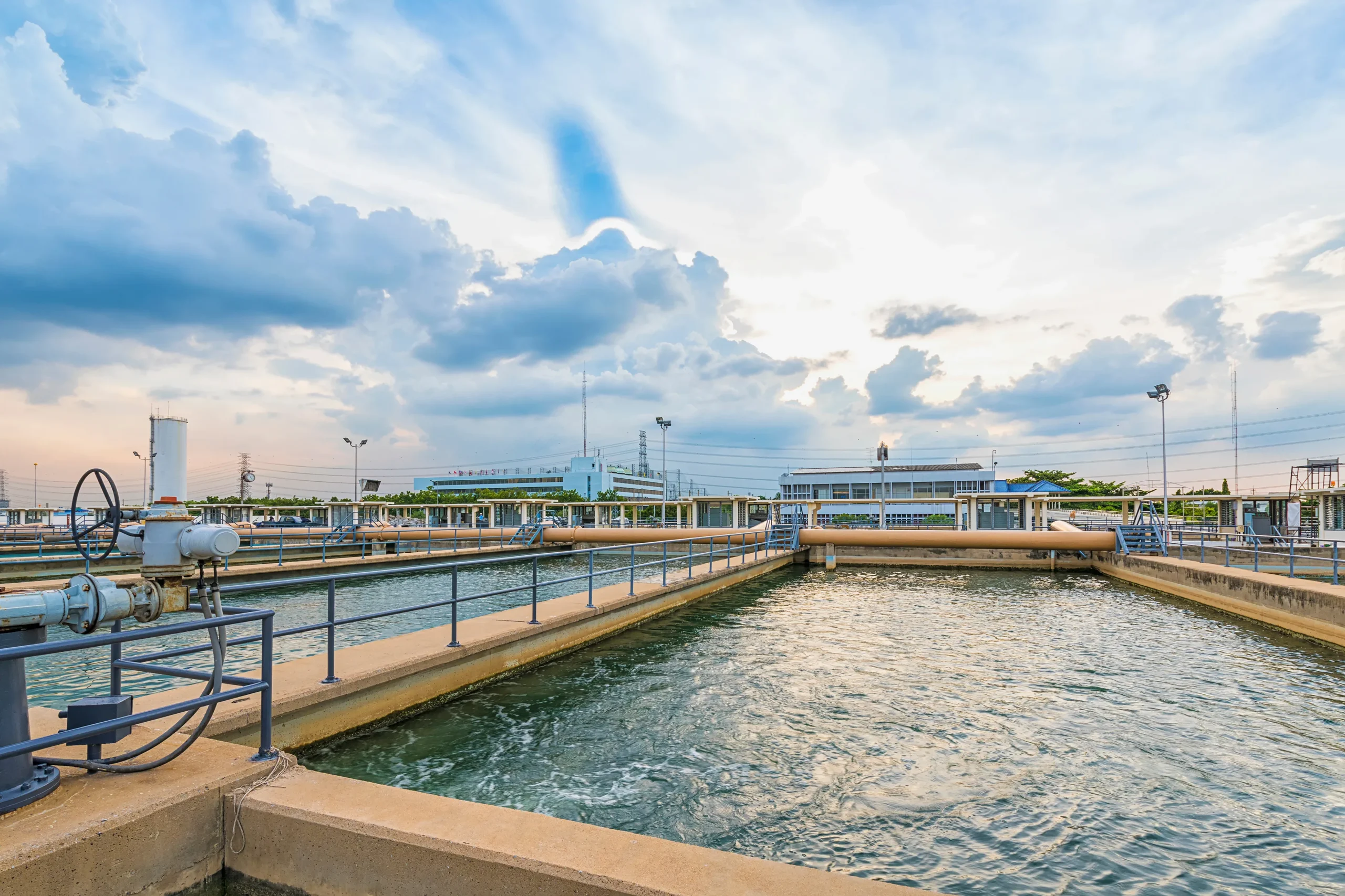 a water treatment plant with some walkways on top of it