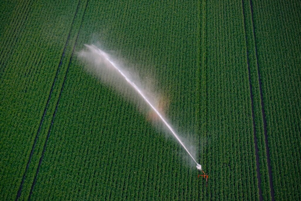 Aerial view of a green crop field being watered by a large irrigation sprinkler with mist and a faint rainbow.