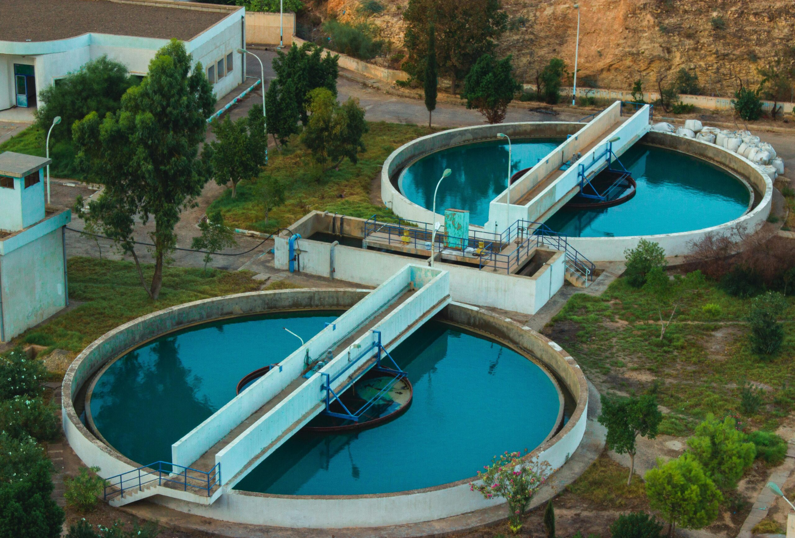 Two large circular pools used for water treatment